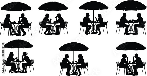 Outdoor, café, silhouettes, people, conversation, umbrella, social, interaction, sitting, black, pair, table, dining, public, scene, lifestyle, communication, leisure, symmetry, minimal