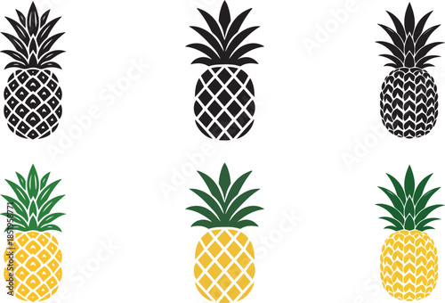 Pineapple Vector Icons Set: Black and Colorful Silhouettes in Various Styles. High Resolution EPS Illustration and Editable.