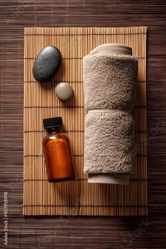 Zen spa still life with rolled towel, massage stones and essential oil bottle on bamboo mat