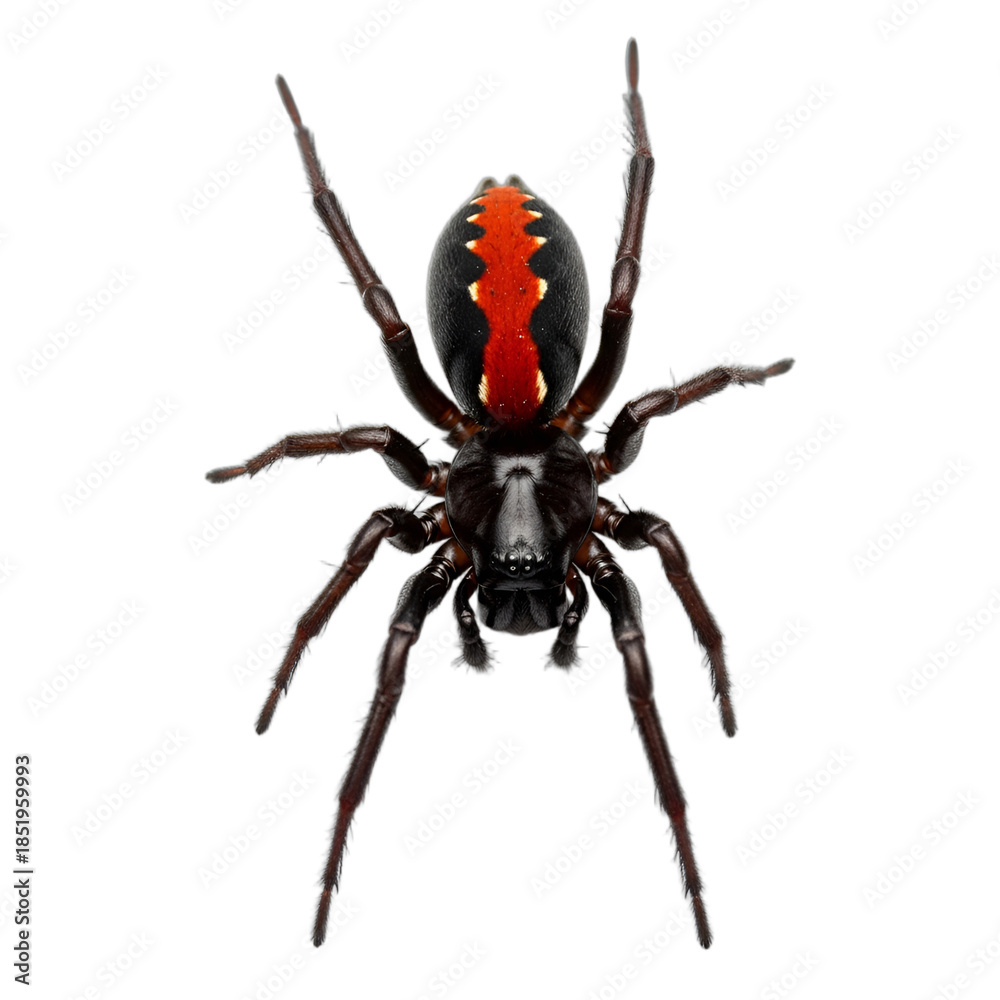 Obraz premium Vivid red-striped black spider, isolated on white & transparent background, perfect for Halloween designs, educational biology projects, dangerous animal warnings, or pest control advisories.