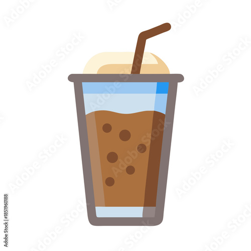 Cartoon iced coffee illustration with brown straw and foam