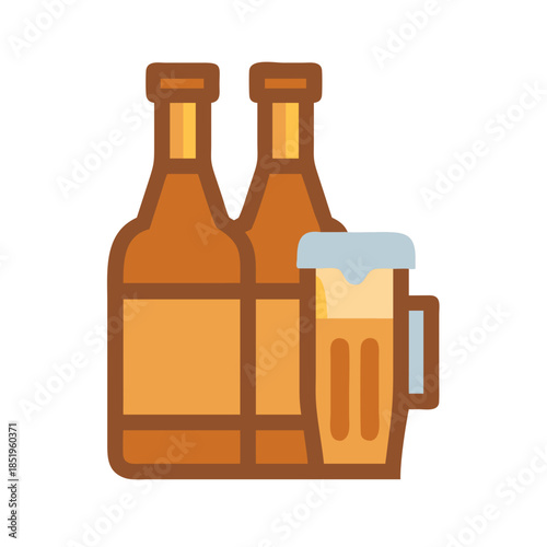 Beer bottles and a mug with foam on white background