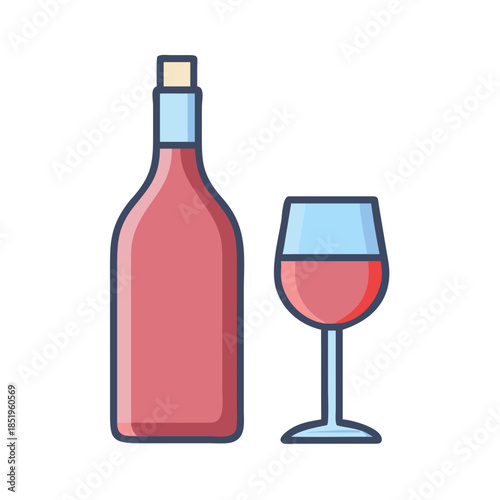 Wine bottle and glass with red wine on white