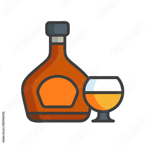 Flat design cognac bottle and glass on white background