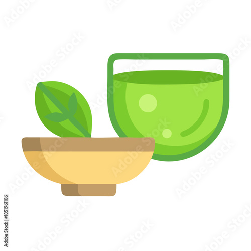 Matcha tea cup and tea leaves in bowl illustration