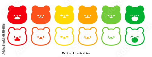 Flat vector illustration of bear emoji faces representing satisfaction levels, from unhappy to happy, for modern interface and feedback design.