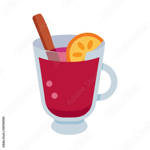 Stylized mulled wine illustration with cinnamon stick and orange