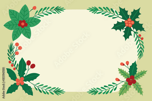 Elegant botanical holiday border frame with festive pine branches and berries, perfect for Christmas and New Year greetings.