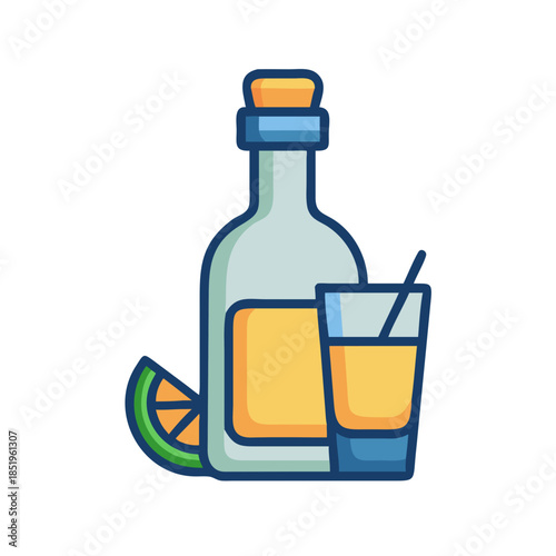 Stylized Tequila Bottle and Shot Glass with Lime Slice