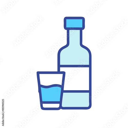Liquor bottle with filled glass flat graphic illustration