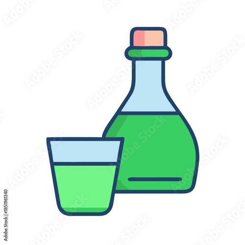 Green tonic bottle and shot glass vector illustration design