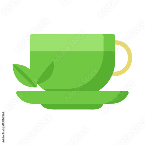 Green tea cup and saucer with leaves icon graphic