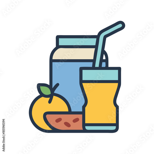 Fresh juice box with straw, fruit slice and orange