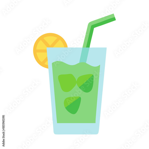 Refreshing green drink with lemon slice and straw isolated