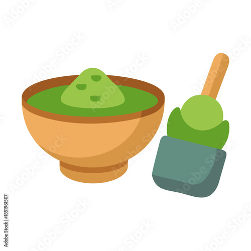 Matcha green tea powder in bowl with scoop illustration