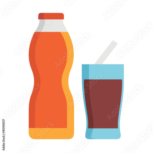 Orange juice bottle and brown beverage in glass vector