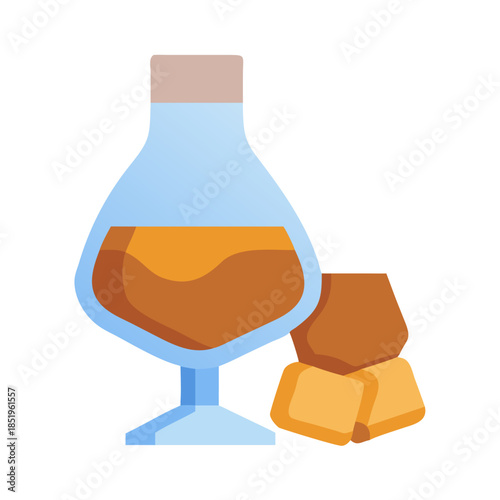 Stylized whiskey glass and ice cubes against white background