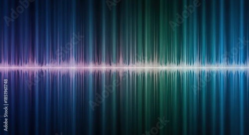 Abstract digital sound wave visualization with vibrant blue and green vertical light bars on a dark background