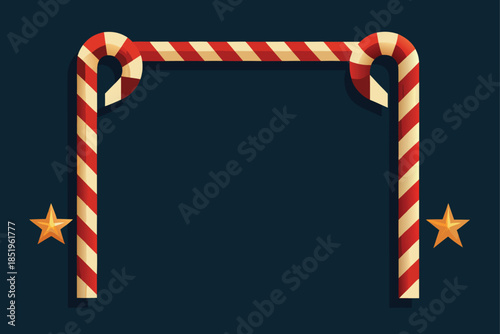 Whimsical Christmas border frame featuring peppermint candy canes intertwined with twinkling golden stars.