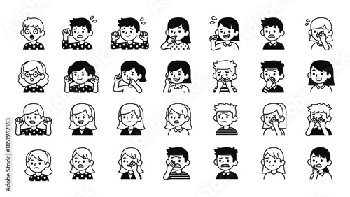 Cartoon faces, emotional expressions, vector people, black and white characters, reaction icons, feelings illustration, flat design, grayscale, diverse emotions, flat vector illustration
