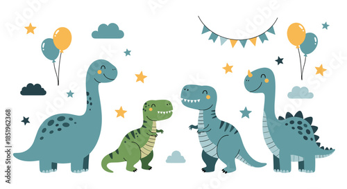 Adorable set of cartoon dinosaurs including long-necked and T-rex characters surrounded by cheerful party decorations like balloons garlands and stars.