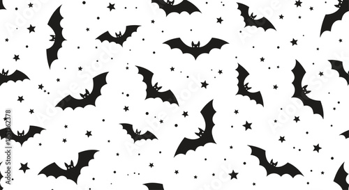 Spooky seamless pattern featuring flying black bats and scattered stars or dots on a pristine white background perfect for Halloween decorations.