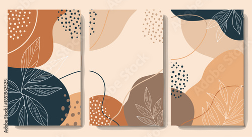 Collection of three abstract background designs or cover templates featuring organic shapes and delicate linear leaves in a warm palette of earthy tones.