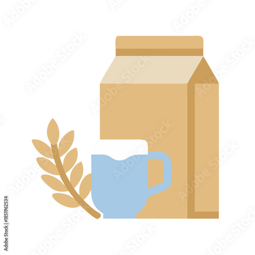 Milk carton, glass of milk, and wheat flat design