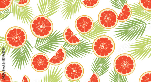 Refreshing seamless pattern featuring vibrant sliced grapefruits and lush green palm leaves on a pristine white background evoking a fresh tropical summer feel.
