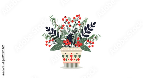 Festive floral arrangement in a decorative pot featuring lush pine branches vibrant red berries and various green leaves perfect for holiday season decor.