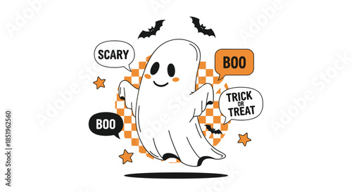 Adorable cartoon ghost with "Scary" "Boo" and "Trick or Treat" speech bubbles surrounded by bats and stars on a white background for Halloween.