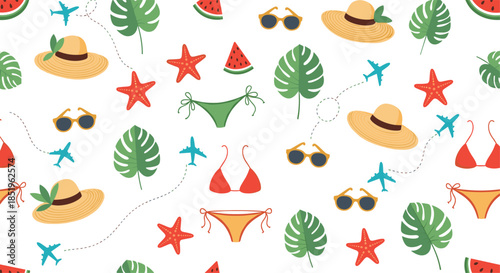 Dynamic summer seamless pattern features bikinis hats sunglasses watermelon slices monstera leaves and airplanes on a white background.