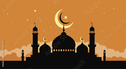 Stunning silhouette of a mosque at night with a prominent crescent moon and scattered stars against an orange sky for Eid celebration.