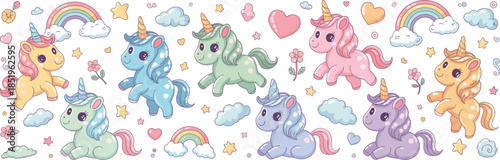 Whimsical unicorns, fantasy elements, colorful creatures, magical illustration, dreamy design, cute cartoon art, children’s theme, flat vector illustration