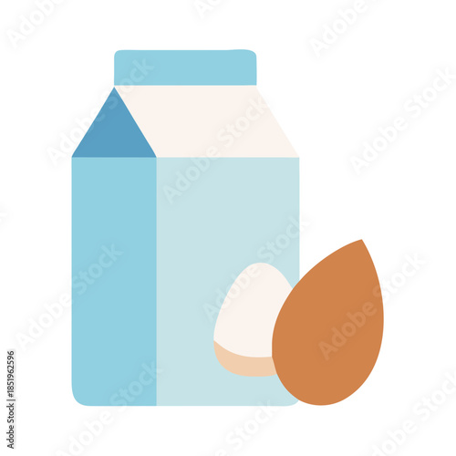 Stylized almond milk carton with almond on white background