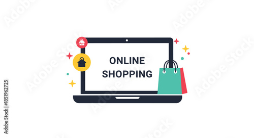 Modern online shopping concept illustration depicts a laptop displaying "Online Shopping" text alongside colorful shopping bags symbolizing e-commerce.