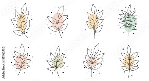 Elegant set of eight minimalist line art leaves or branches with subtle abstract colored dots as background accents for a modern look.