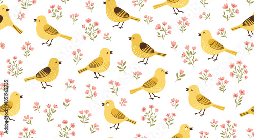 Joyful seamless pattern showcases an abundance of happy yellow birds and delicate small pink flowers scattered across a pristine white background.