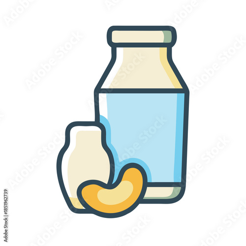 Stylized cashew milk bottle and nut on white background