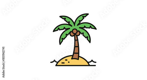 Delightful simple cartoon illustration depicts a tropical palm tree adorned with coconuts on a small island surrounded by the serene ocean.