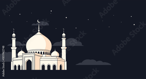 Beautiful stylized mosque illustration at night under a starry sky with gentle clouds and a crescent moon offers ample copy space.