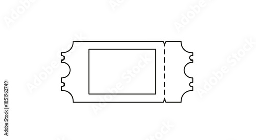 Minimalist black outline blank ticket features a distinct perforated line isolated on a pristine white background for various events.