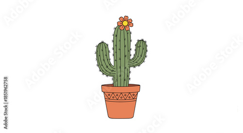 Charming simple cartoon illustration depicts a tall cactus adorned with a vibrant flower in a decorative terracotta pot on a white background.