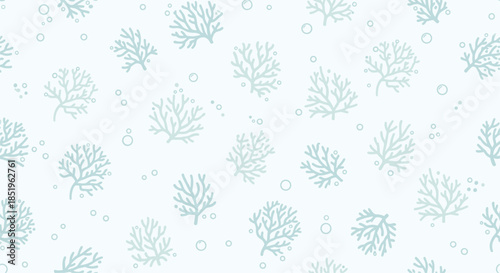 Tranquil seamless pattern features delicate light blue coral elements and small bubbles scattered gently across a soft white background.