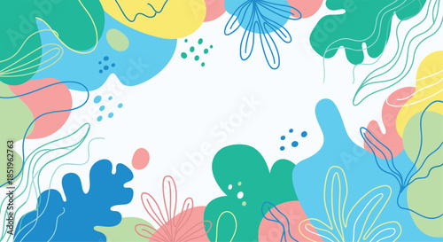 Dynamic abstract floral background features colorful organic shapes and outline leaves in blue green yellow pink and orange creating a vibrant frame.