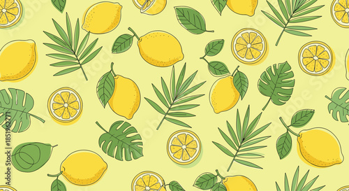Vibrant seamless pattern features bright yellow lemons palm leaves and monstera leaves whole and sliced on a refreshing light yellow background.