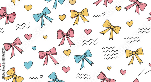 Cheerful seamless pattern features an assortment of colorful bows hearts and playful wavy lines scattered across a pristine white background.