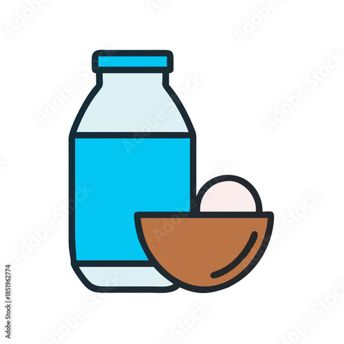 Isolated illustration of milk bottle and bowl with yogurt