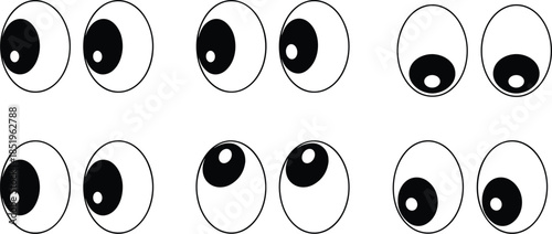 Cartoon eyes, gaze direction, pupil movement, visual attention, character design, emotional expression, eye positions, flat vector illustration
