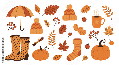 Delightful collection of cozy autumn elements includes an umbrella rain boots pumpkins hats mugs and vibrant fall leaves on a white background.